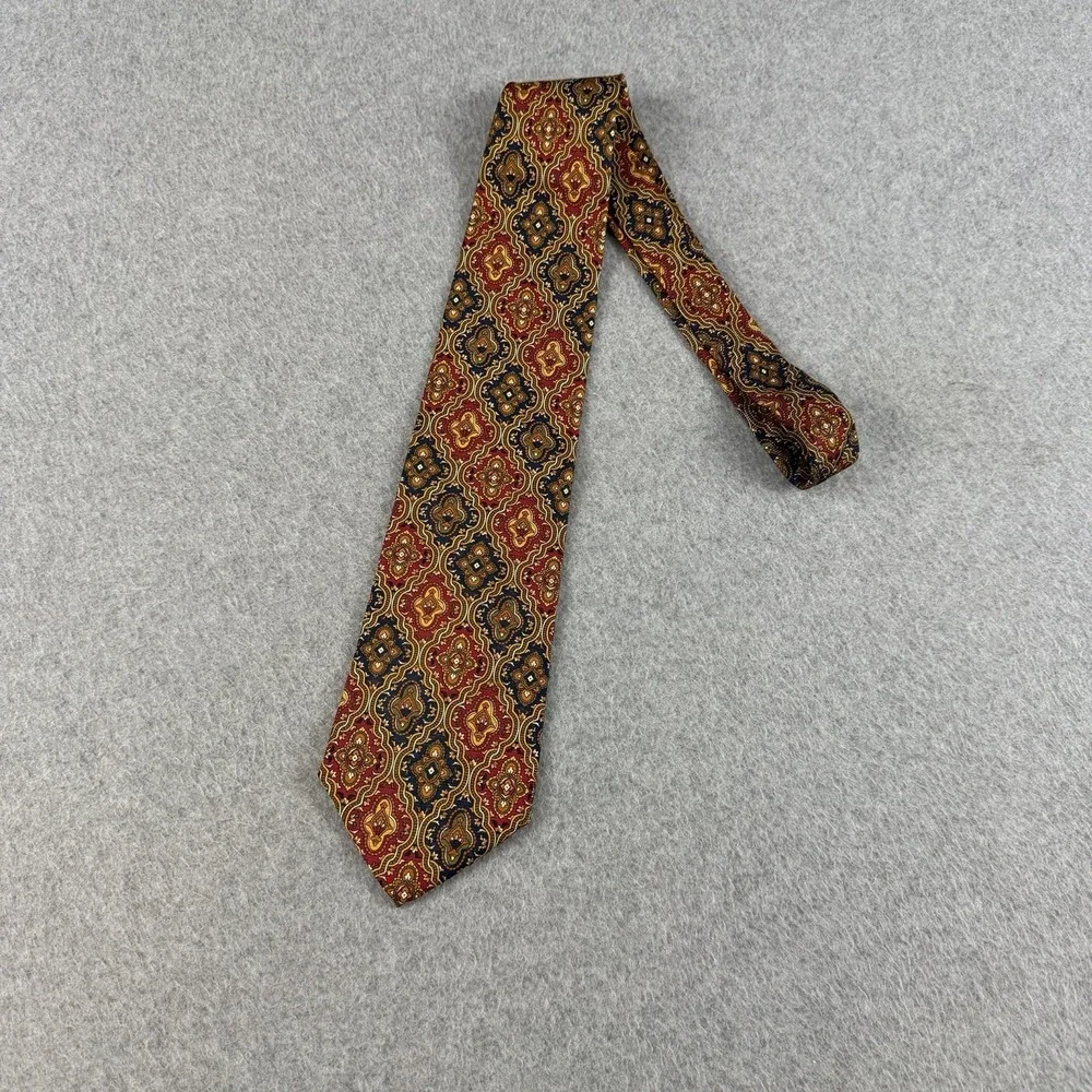 Vintage John Ashford USA Silk Tie Burgundy Navy Gold Medallion Wide 56x3.75